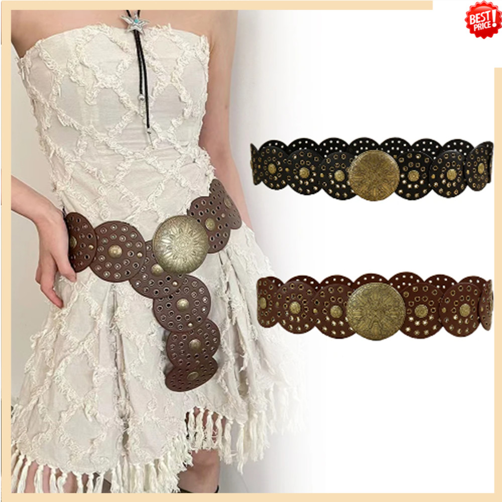 Western Cowboy Wide Golden Rivet Steampunk Circles PU Leather Waistband ...