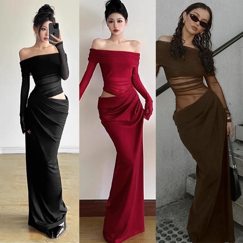 Mesh splicing one-shoulder dress female scheming hollow waist and hip ...