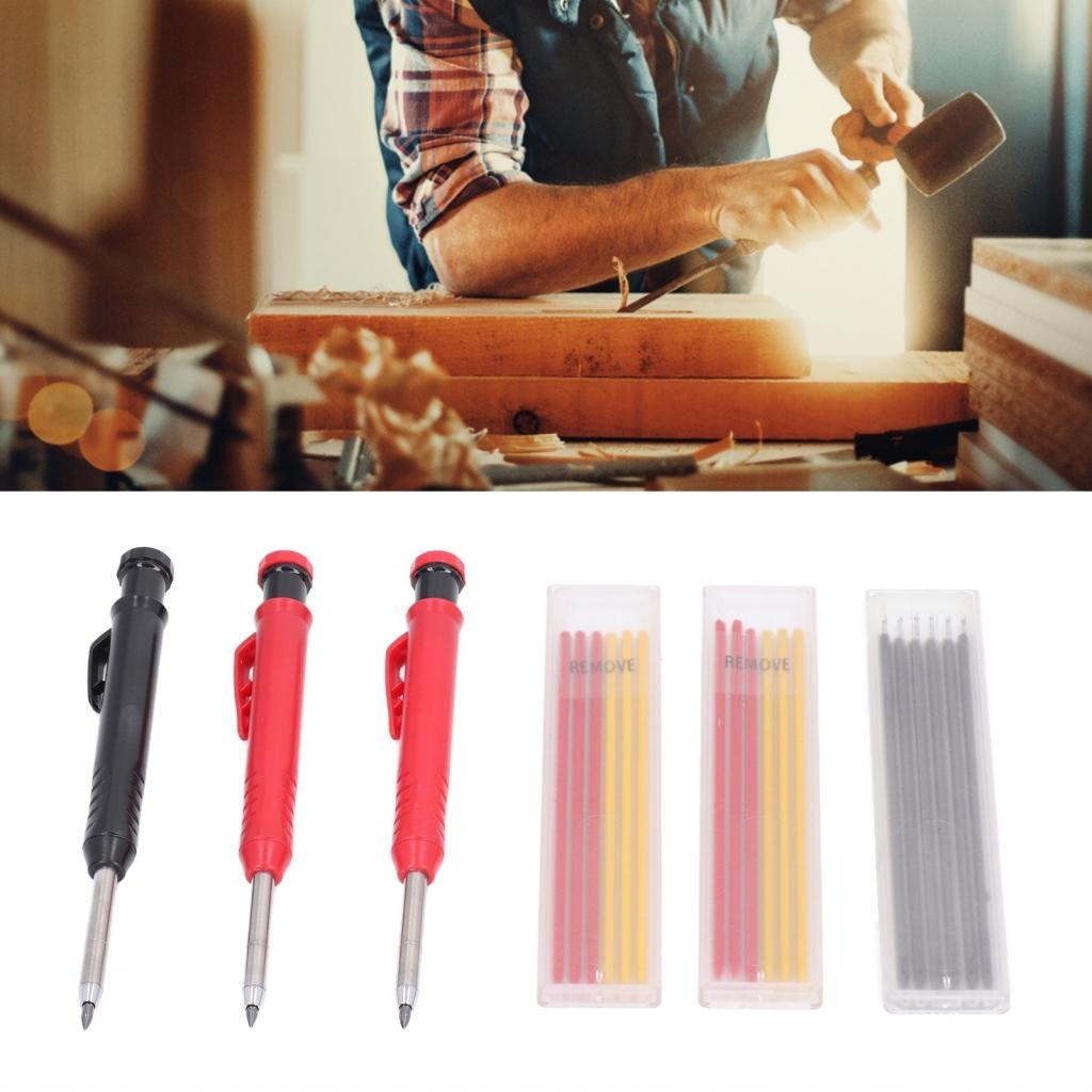 Solid Carpenter Pencil Set With Refills - 2.8mm Lead, Long Nose For Marking Holes