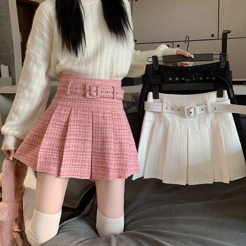 Ladies Elegant A-line Mini Skirts Korean Style Vintage Woolen High Waist Women Casual Pleated Skirt