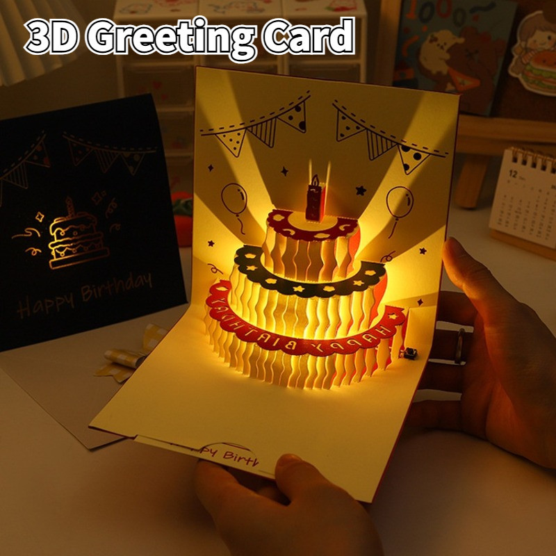 3D Birthday Cake Cards with Music Light Happy Birthday Pop-Up Greeting ...