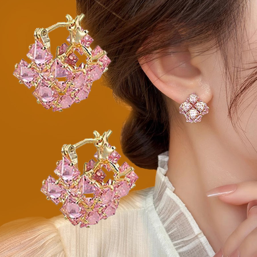 Pink Square Rhinestone Temperament Light Luxury Ear Buckle Niche Design