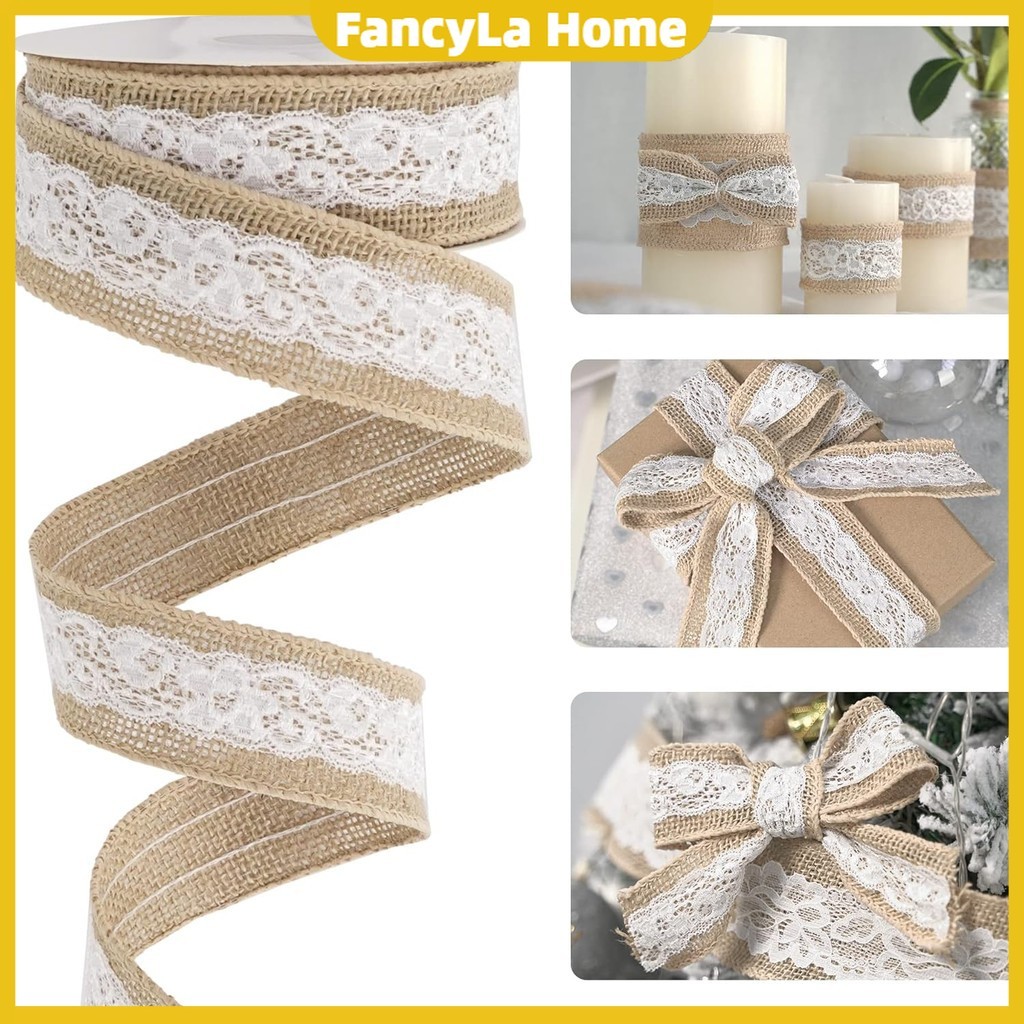 2m/Roll Burlap Ribbon with Lace Wired Ribbon White Lace Jute Burlap ...