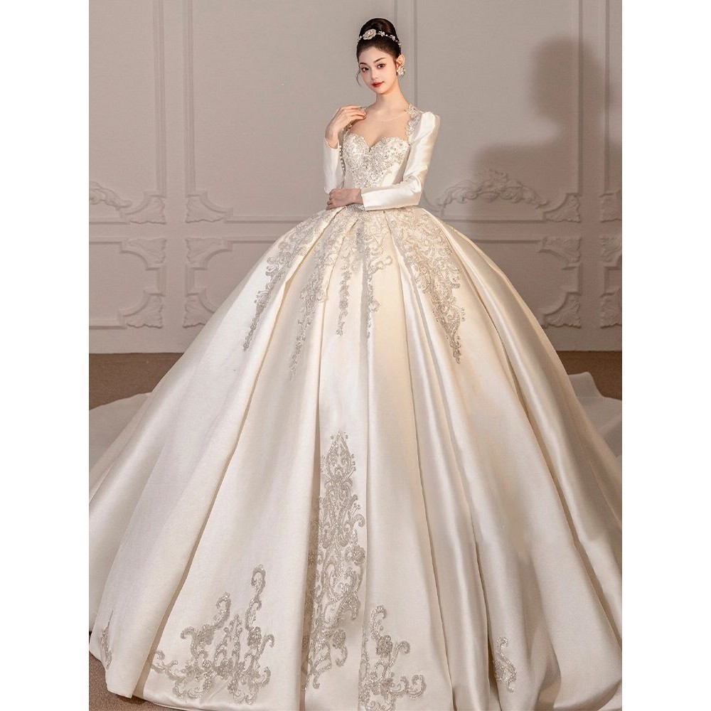 Conservative Wedding dress Satin Bridal Wedding Dresses Full Sleeve ...