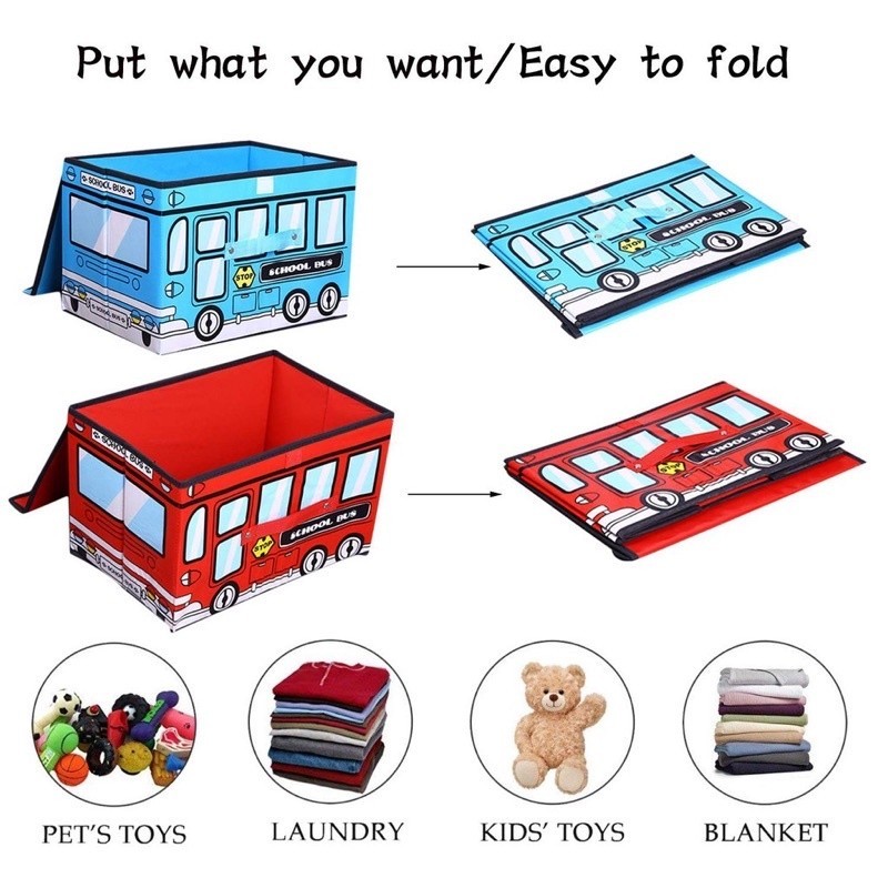 School Bus Shape Toy Organizer For Kids Clothes Toy Storage Box Folding , Storage Stool Basket Green