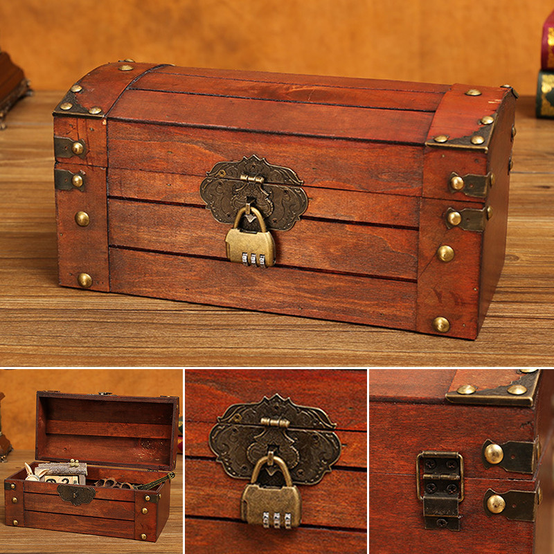 Antique Wooden Jewelry Chest Lock Chest Treasure Storage Box Home Decor ...