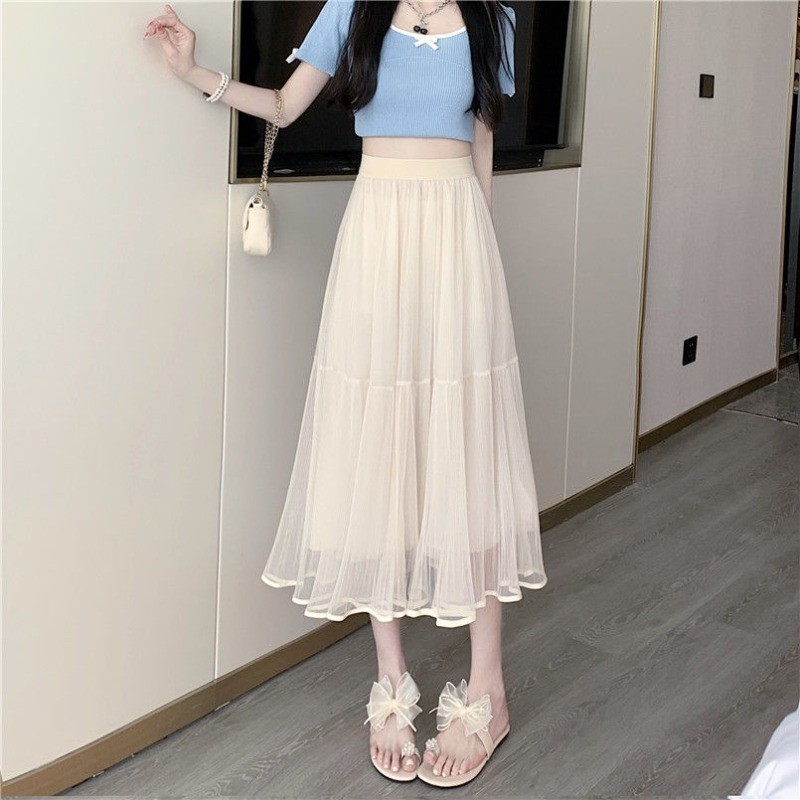 Mesh Temperament High-waisted Skirt Women's Summer New Pleated Solid ...