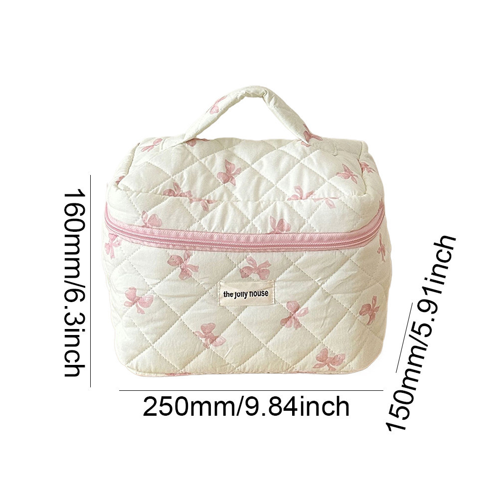 Cute Bow Makeup Bag Cotton Quilted Cosmetic Bag Toiletry Bag for
