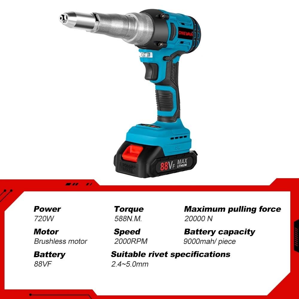 ONEVAN 720W 20000N Brushless Electric Rivet Gun Cordless Rivet Nut Gun ...