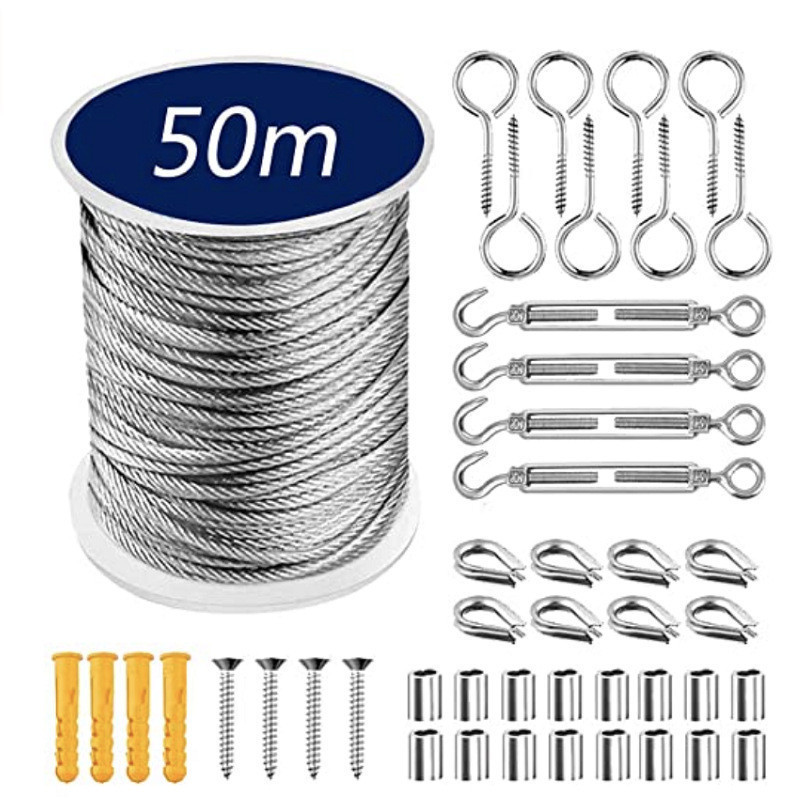 【cyber】 50m Stainless Steel Wire Rope Kit Clothesline Cable Hanging Kit ...