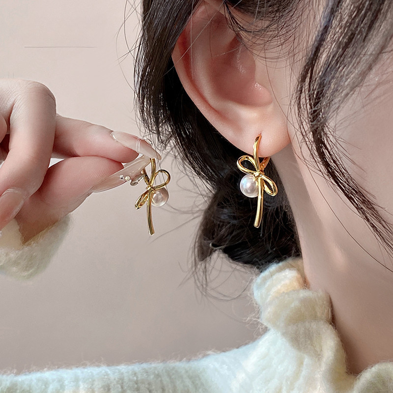 Bow Earrings For Women Trendy Cute Bow Pearl Drop Dangle Earrings Bowknot Stud Jewelry Gift