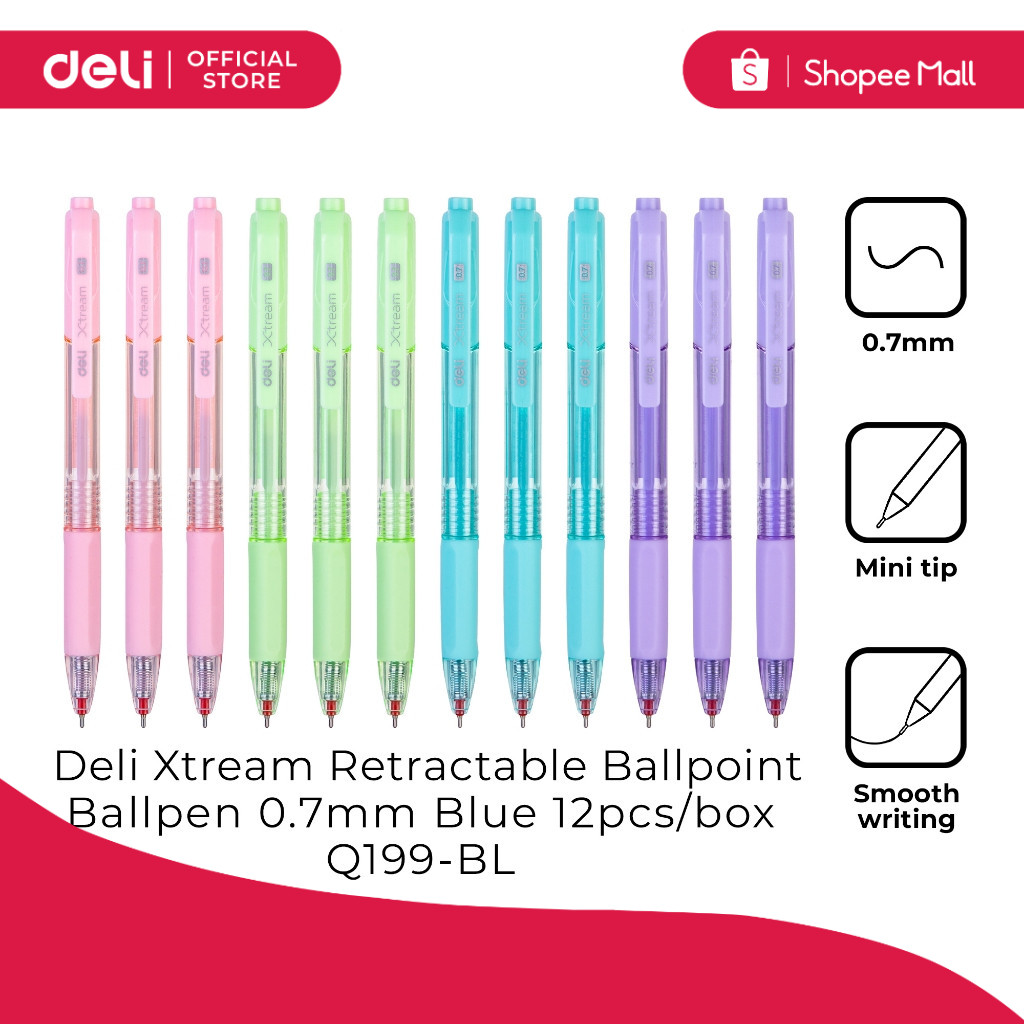 Deli Q199-BL Xtream Retractable Ballpoint Ballpen 0.7mm Blue 12pcs/box ...