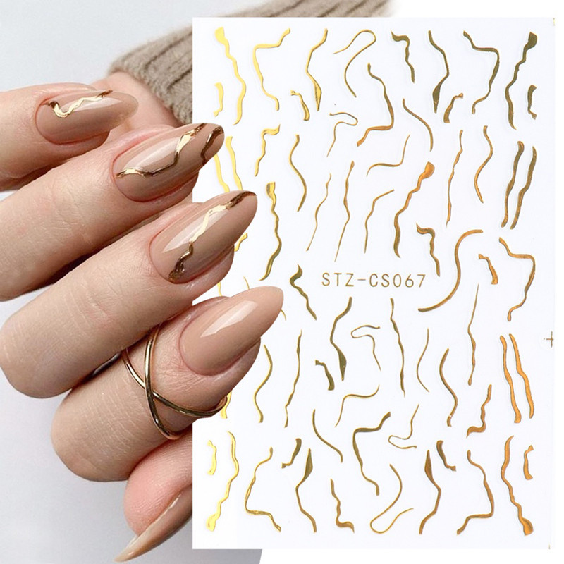 3D French Line Nail Stickers Gold Marble Line Striped Tape Metal Decal ...
