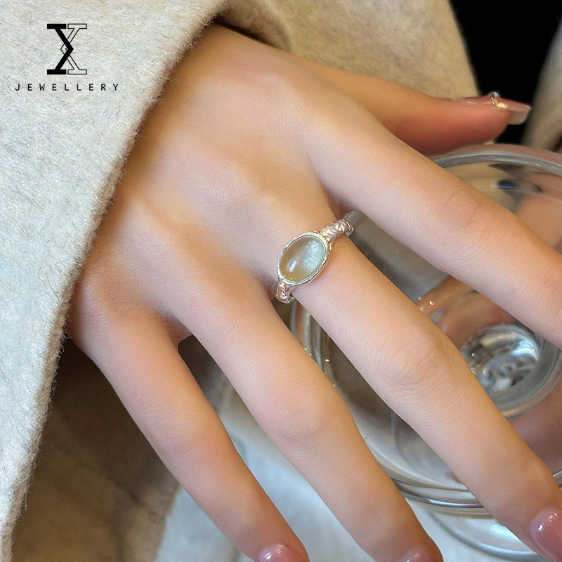 100% S925 Sterling Silver Ring Female Oval Moonstone Adjustable