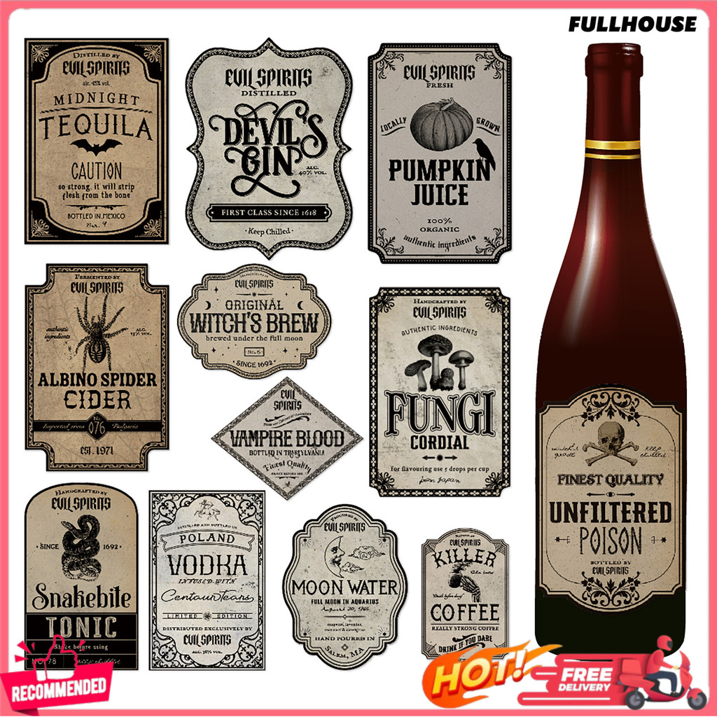 HOUSE 12 Sheets Halloween Wine Bottle Labels Beer Bottle Stickers ...