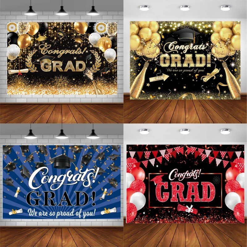 Graduation Backdrop Black Gold Bachelor Cap Congrats Class of 2025 ...