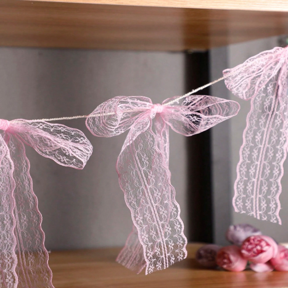 Cute PInk Ribbon Bow Banner Flag Elegant Lace Bowknot Wall Hanging ...