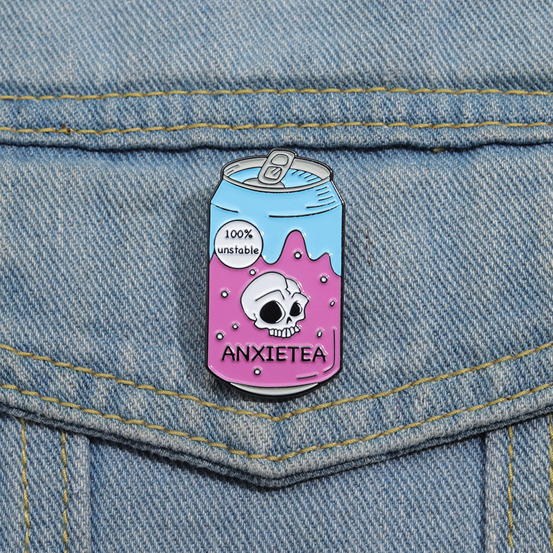 Anxietea Enamel Pin Anxiety Pun Badge Skull Drink Bottle Brooch ...