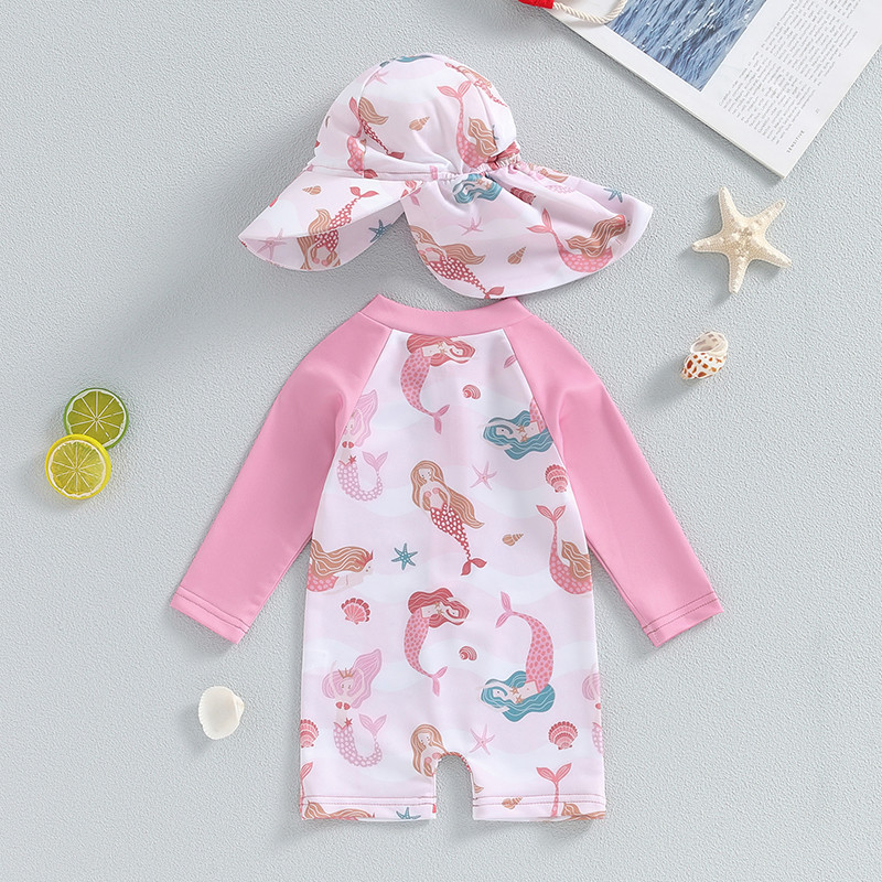 AQQ-Baby Girl´s Bathing Suit Set Sea Shell Print Long Sleeve Rash Guard ...