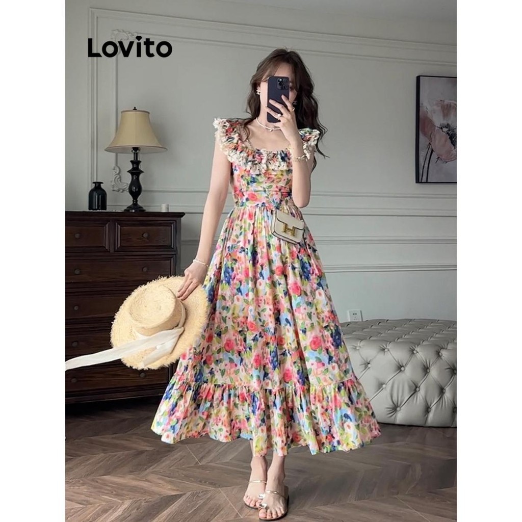 Lovito Women Casual Ditsy Floral Ruched Ruffle Dress Lna Shopee