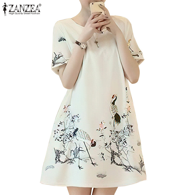 ZANZEA Women Korean Casual Crew Neck Loose Short Sleeve Printing