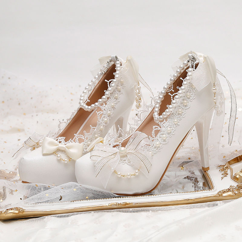 Sweet Ruffled Bow Lace Pearl-Decorated Lolita High Heels 6 Colors main image 0