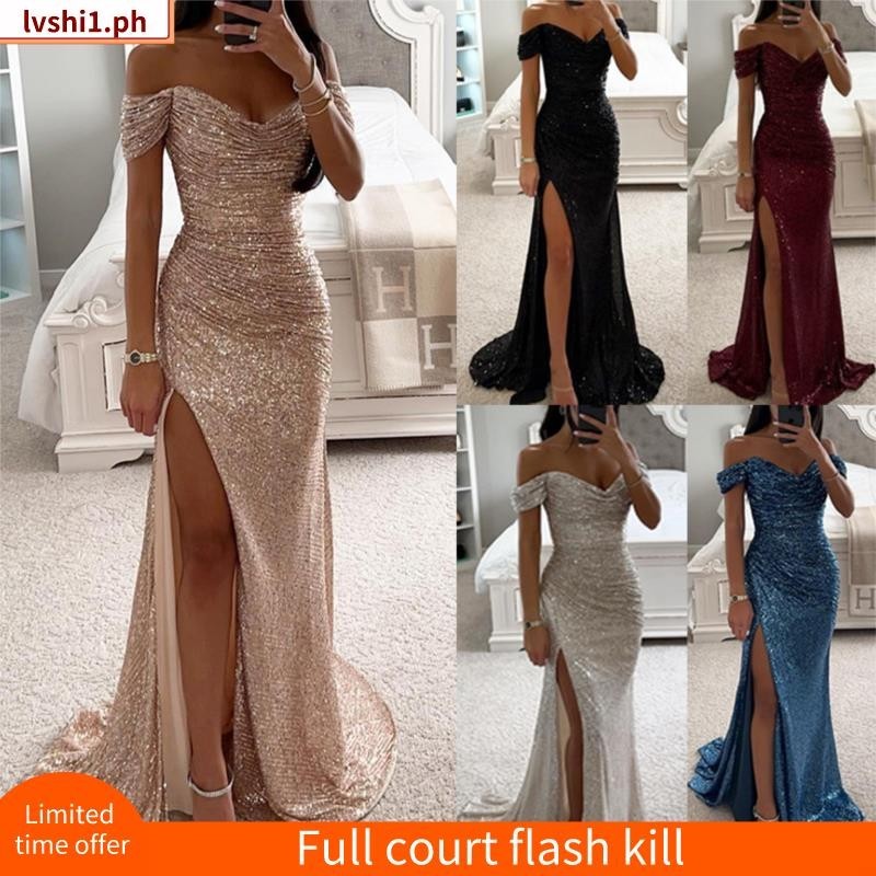 Solid Color Off-shoulder Gown Dress Solid Color Long Sleeve Dress Sparkling V-neck Off Shoulder ...