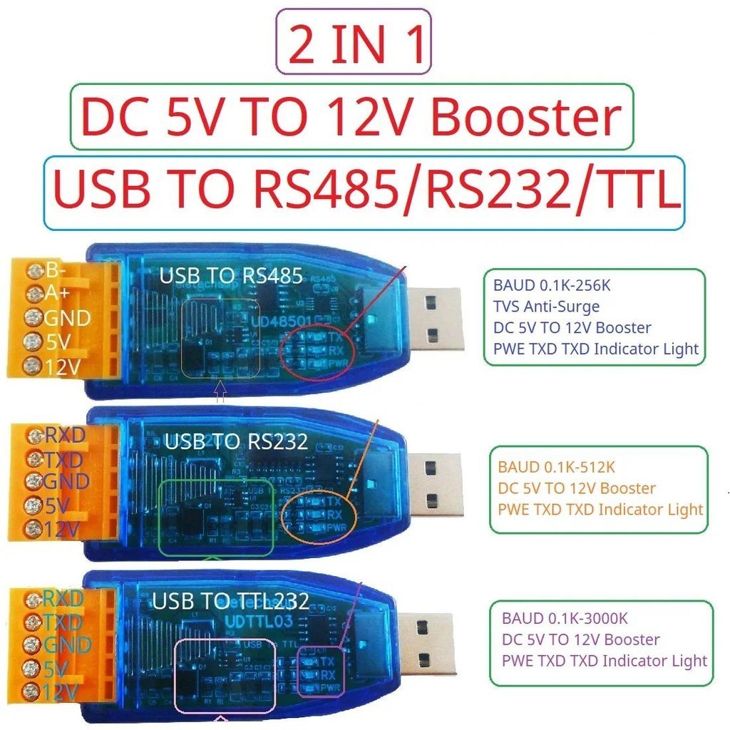 2 IN 1 5V TO 12V DC DC Boost & USB to RS485 RS232 TTL232 UART Converter ...