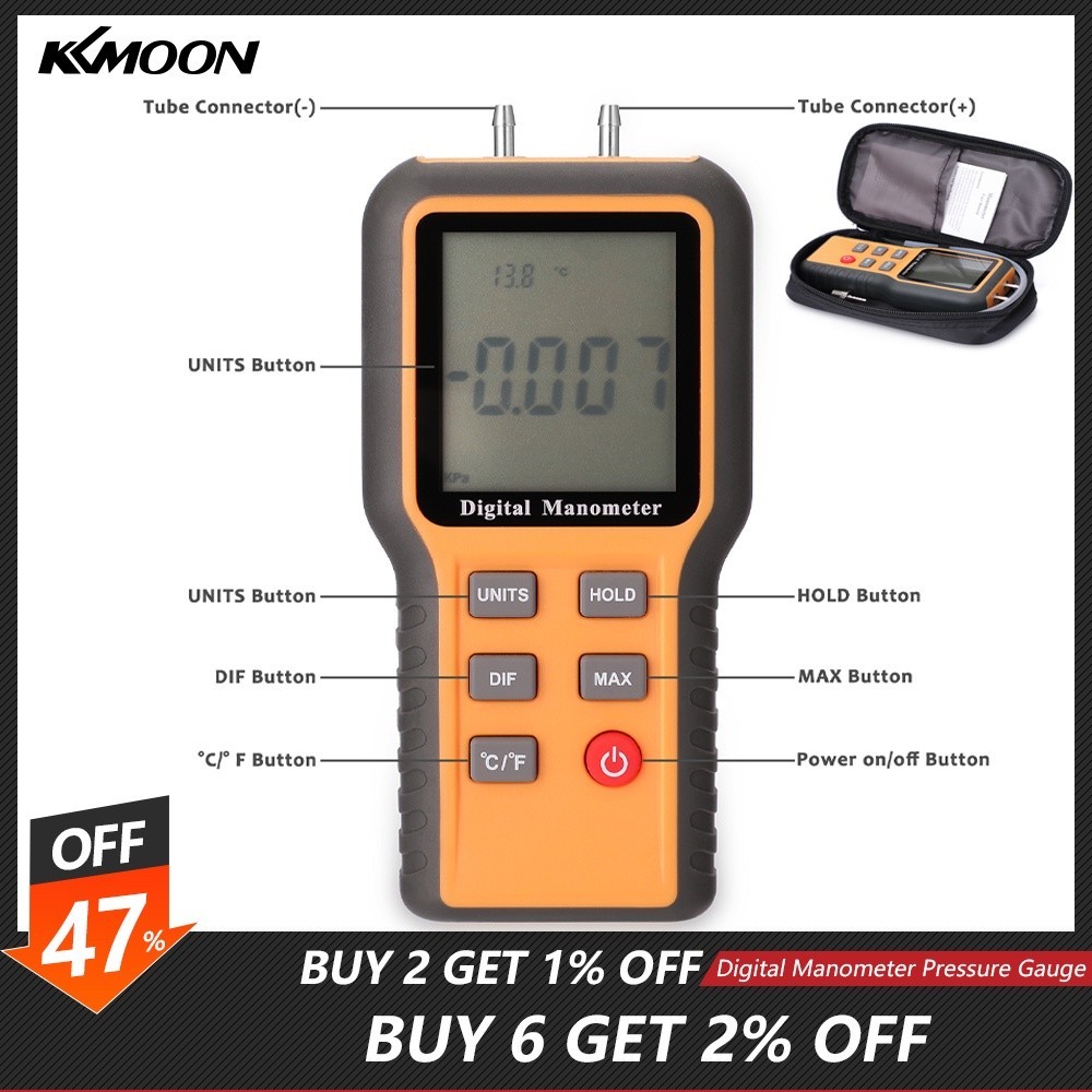 RR+`Digital Manometer Pressure Gauge 12 Pressure Unit Adjustable Indoor ...