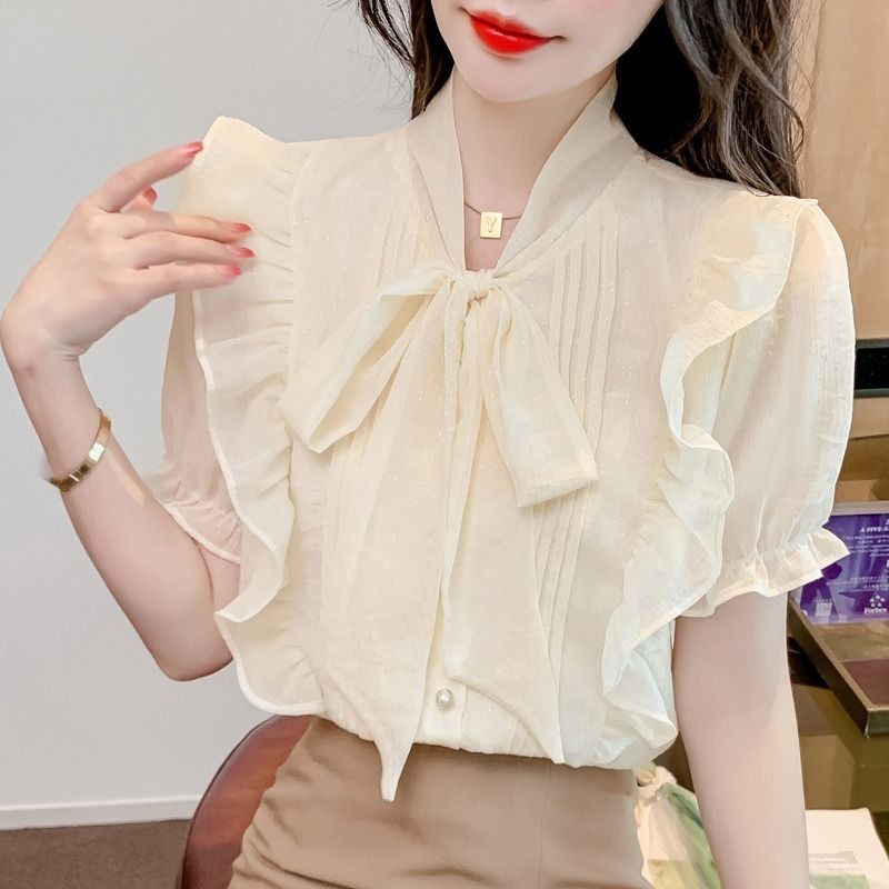 French ruffled edge chiffon shirt cute butterfly design blouse ...