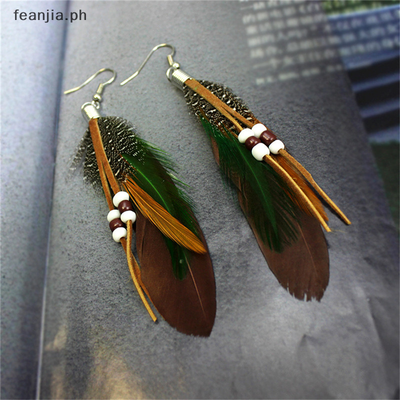 Shopee Fashion sel Dangling Earrings Feather Leather Beads Earrings