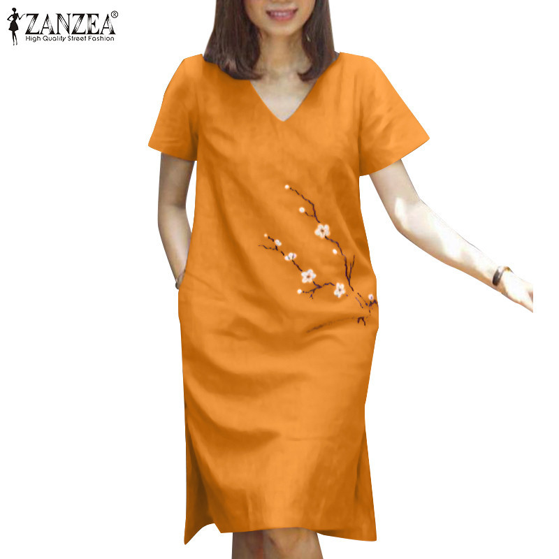 ZANZEA Women Korean Casual Knee Length Hem Split Short Sleeve V-Neck ...