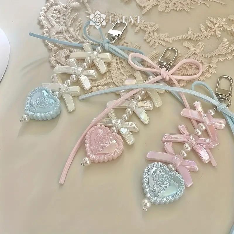 QrhYK> Sweet Heart Shape Pendant Keychain Bow Ribbon Beaded Key Chain ...