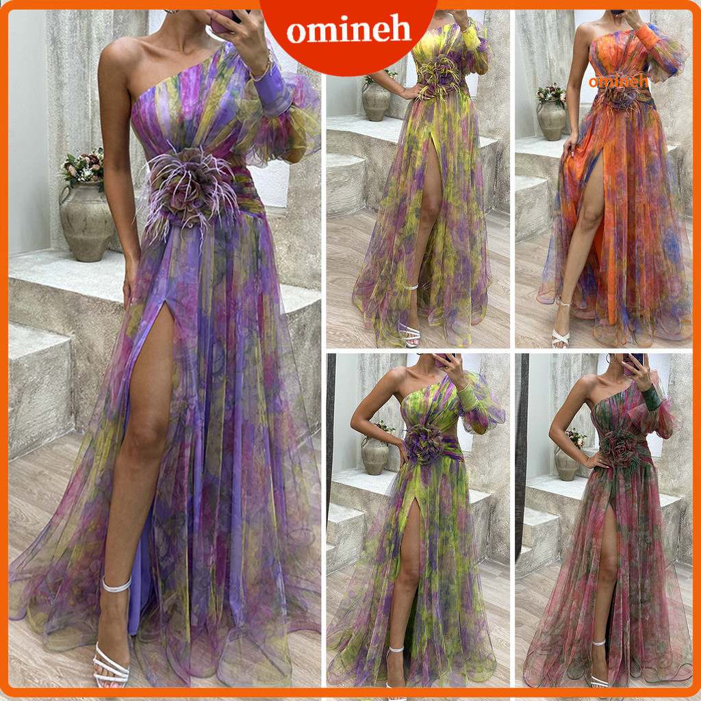 [omineh] Women Evening Dress One Shoulder Doulelayered Tiedye Flower