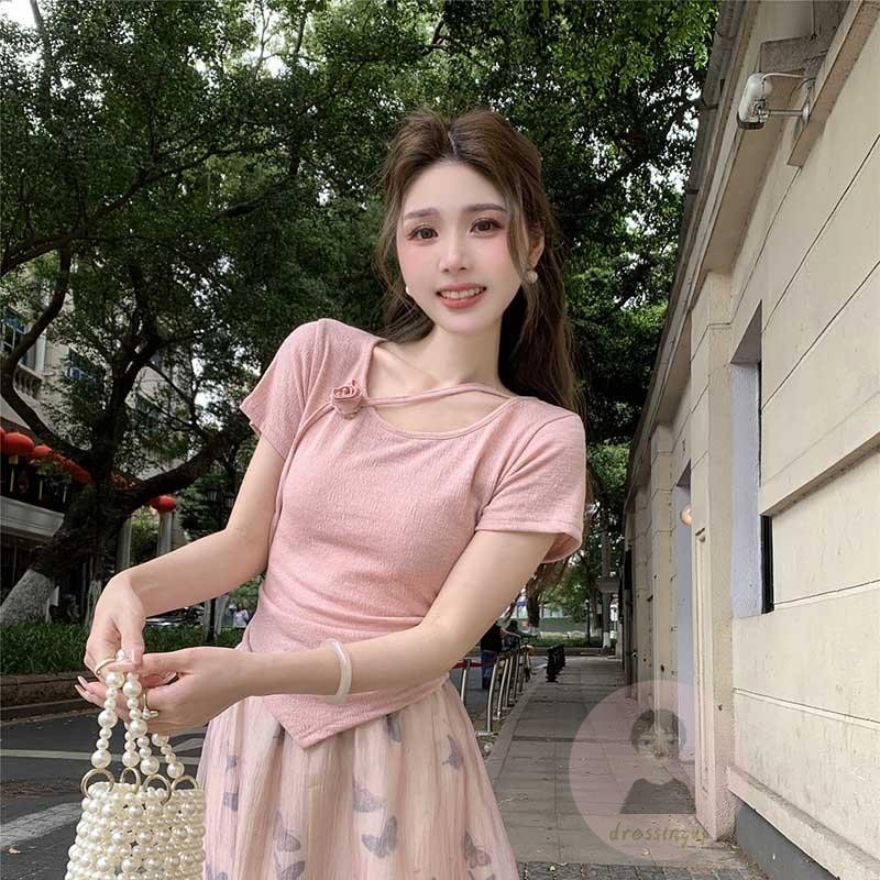DRE-Women´s Summer Slim 3D Rose Short Sleeve Round-Neck Side Drawstring ...