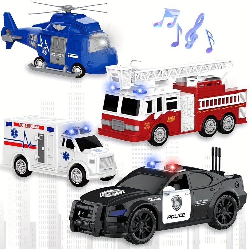 4pcs Emergency Rescue Vehicle Toys Set Rescue Helicopter Police Car