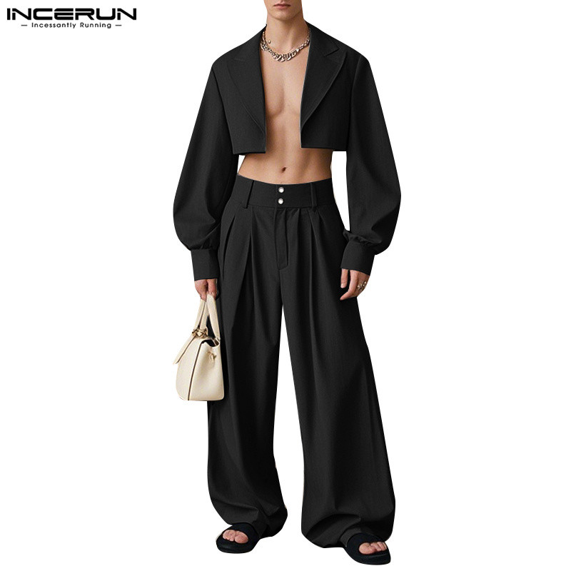 INCERUN Men Vintage Casual Long Sleeve High Waisted Wide Leg Pants Sets ...