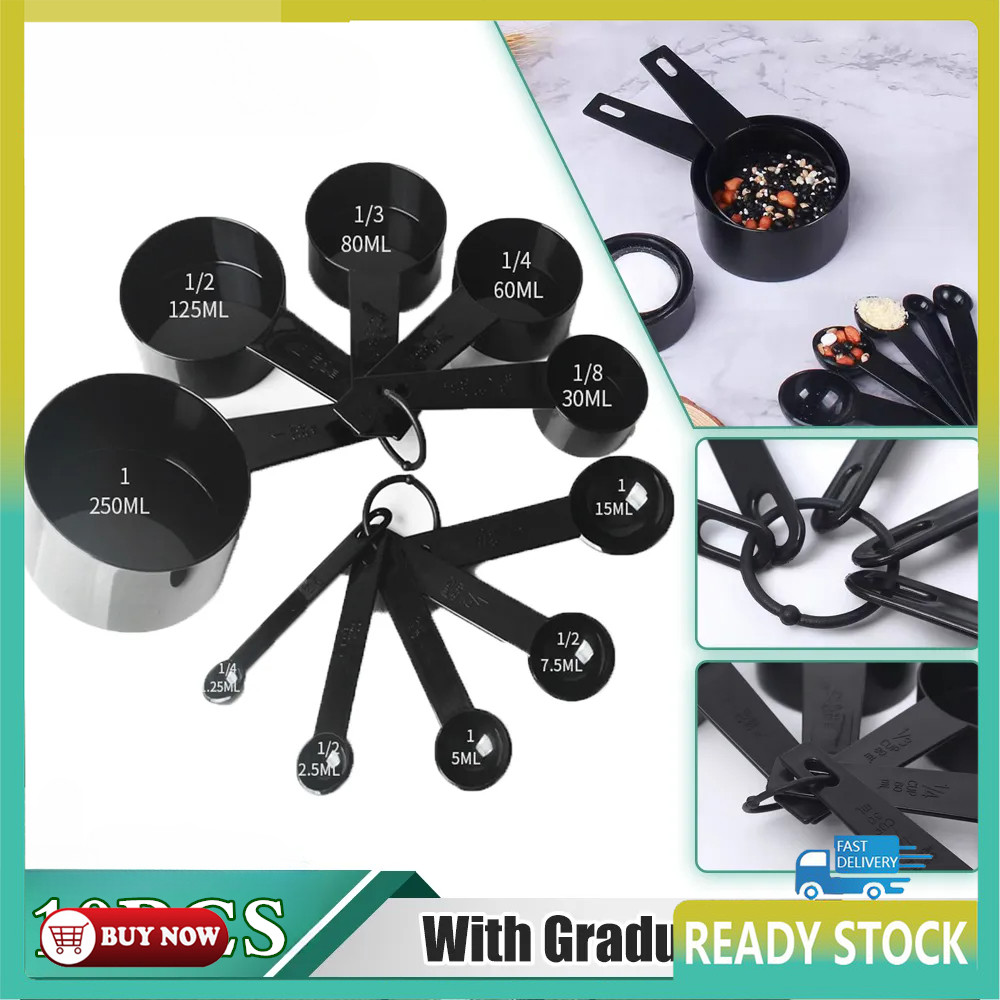 10pcs Black Measuring Cups Kitchen Measuring Spoons Baking Flour ...
