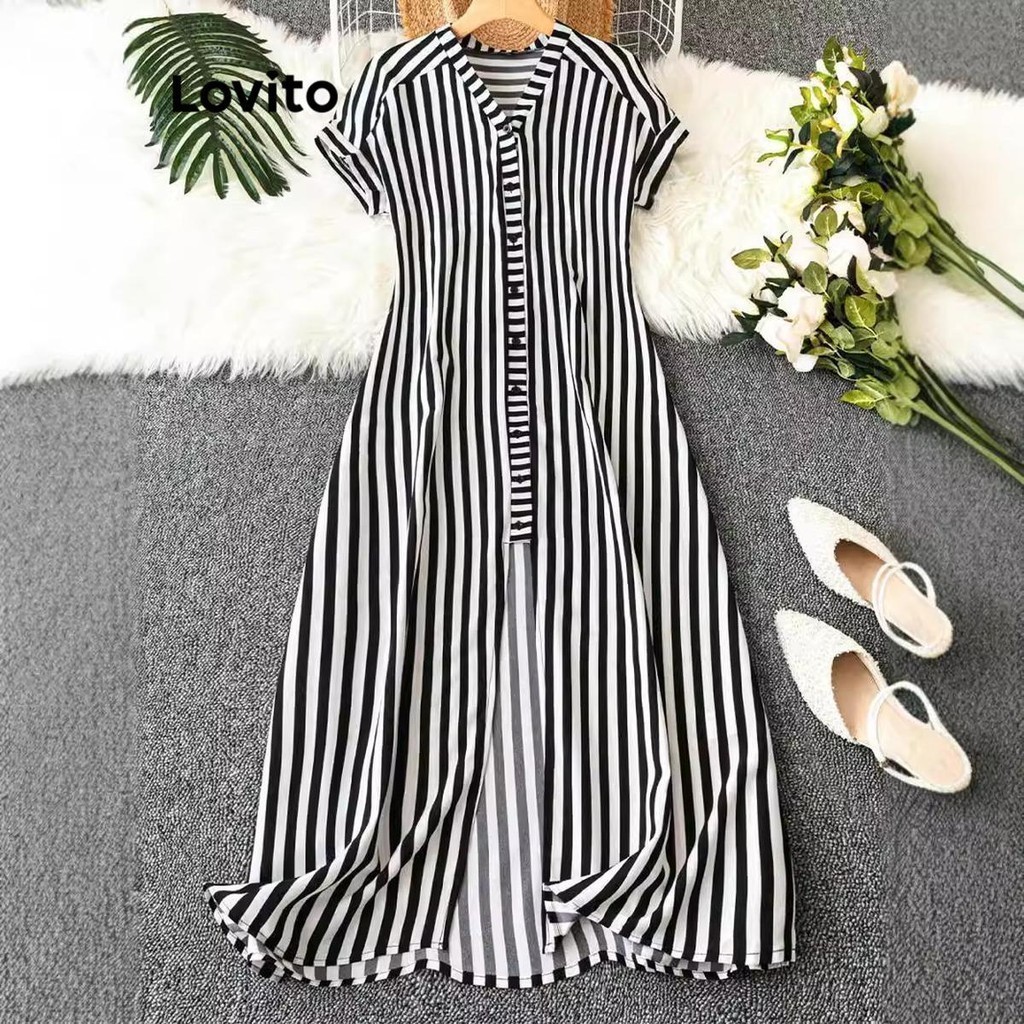 Lovito Casual Dress Striped Split Button Summer/Spring Dress for Women ...
