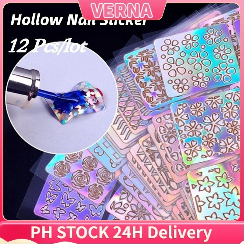 VERNA 12pcs Nail Vinyls Laser Sticker Manicure Tool Portable Hollow ...