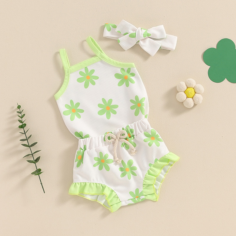 Springday1Baby Kids Girls Set Flower Print Sleeveless Romper with
