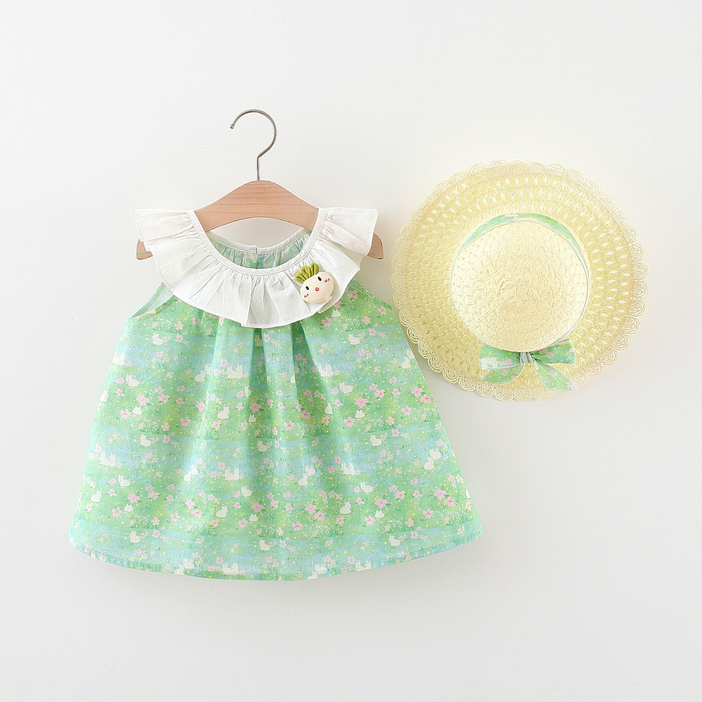 Baby Cotton Dress For Girl Ruffled Collar Rabbit Floral Green Dress For ...