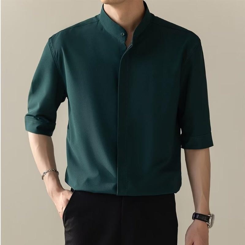 Men's Summer Korean Sleeves Chinese Collar Solid Color Shirt