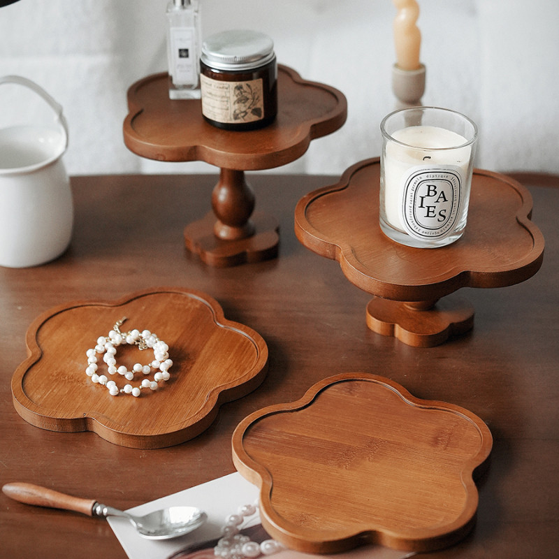 WindSing Flower Pattern Decorative Tray Wooden Cake Holder Tray Vintage