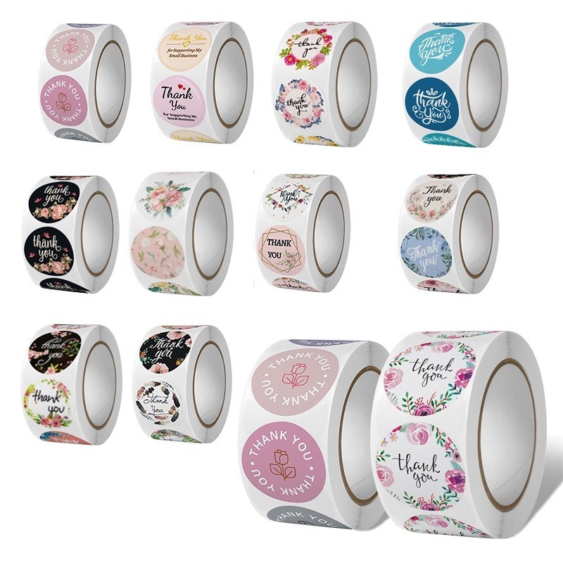 Flower Round Thank You Label Sticker 500PCS 1Roll Thank U Packaging ...