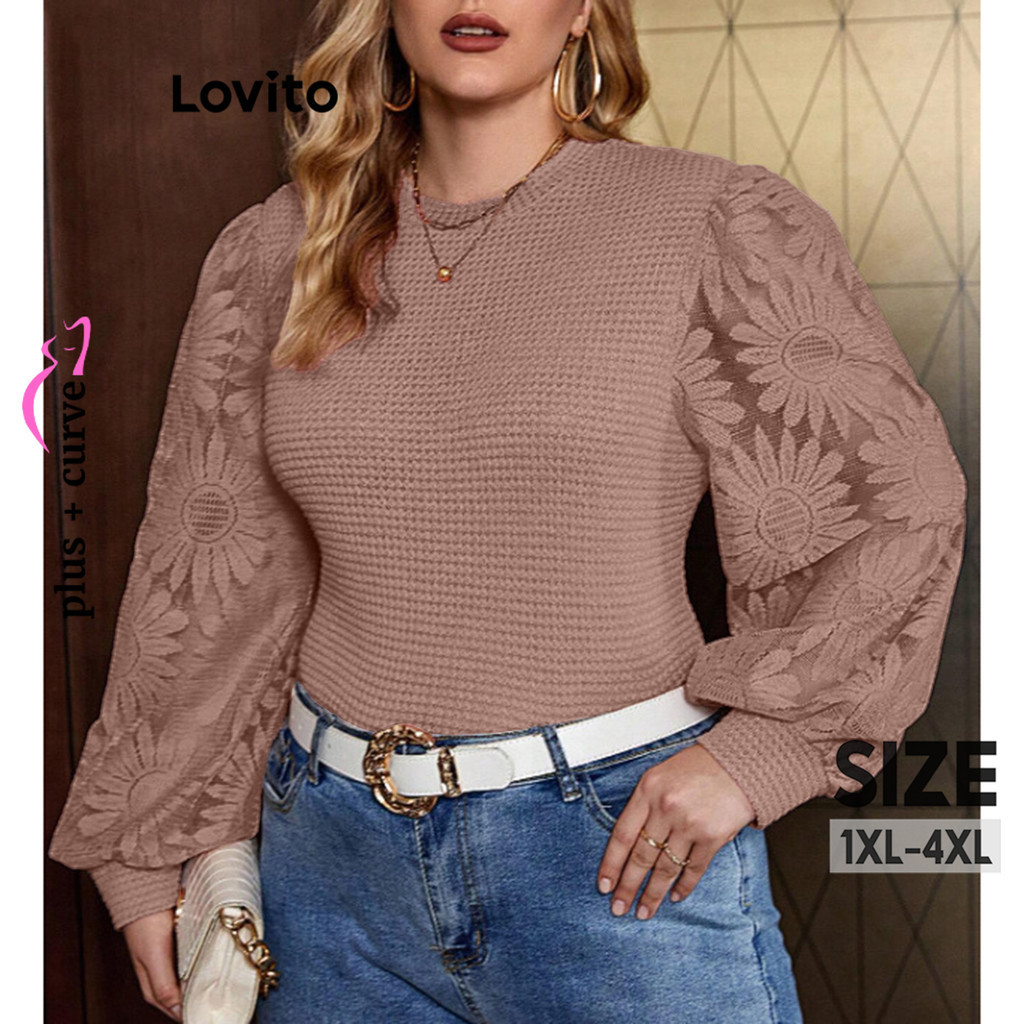 Lovito Plus Size Curve Elegant Plain Fabric Stitching Blouse Para Sa Babae Lnl51063 Shopee 6369