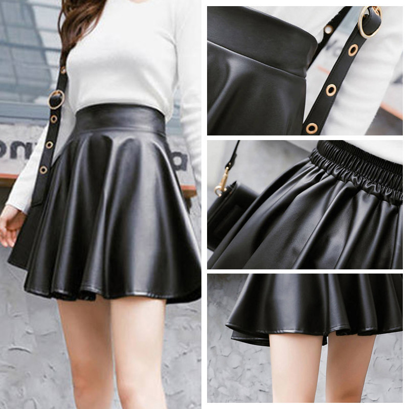 PU Skirts Elastic High Waist  Pockets Faux Leather A-line Skirts