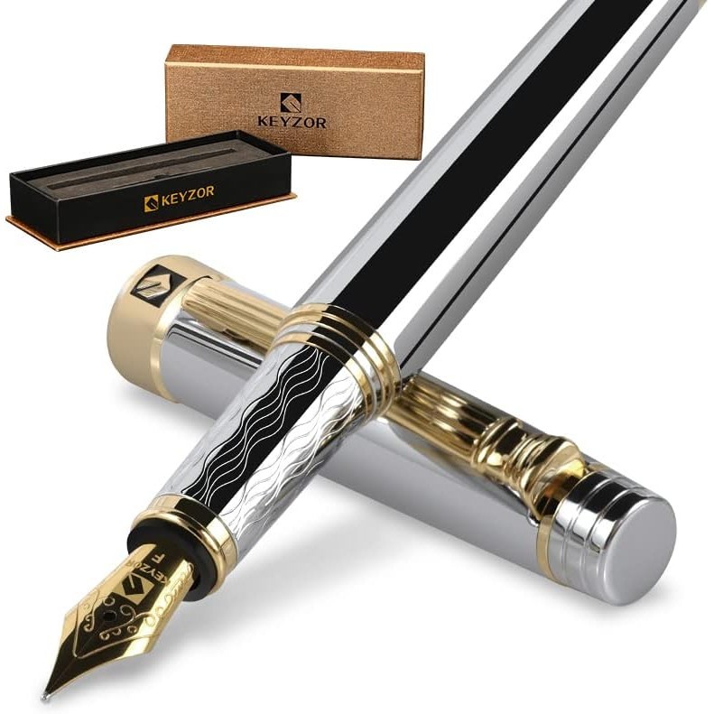 KEYZOR Black Fountain Pen Set, Fountain Pen Elegant With 24 Carat Gold