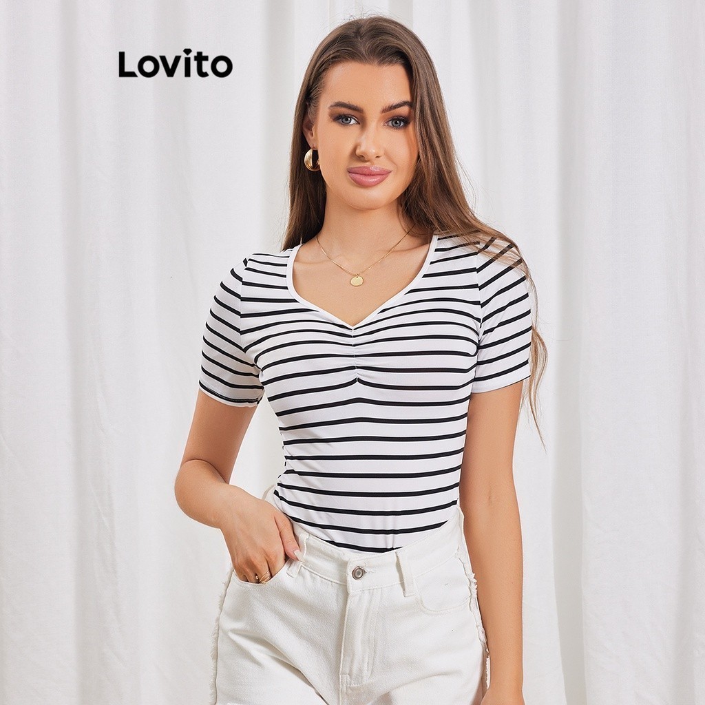 Lovito Women Casual Striped Drawstring Heart TShirt LBL06143 Shopee
