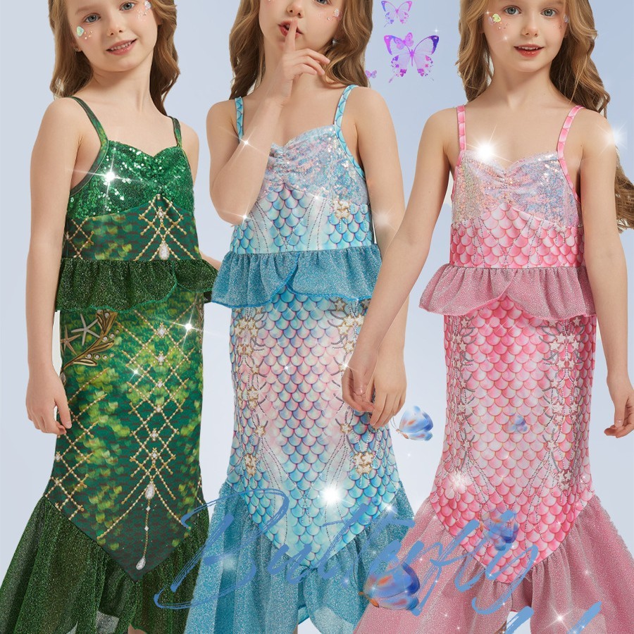 Girls Mermaid Dress Children Western Style Sequined Sleeveless Princess ...
